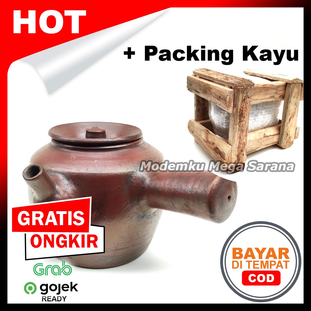 Packing Kayu - Kriuk Jamu Teko Rebus Panci Gerabah Gagang Tanah Liat - Diameter 16 cm