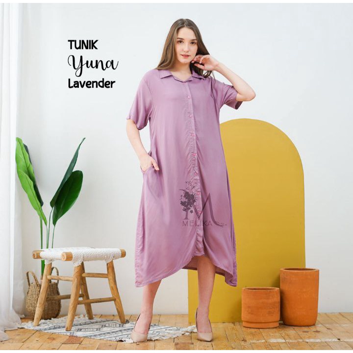 Tunik Wanita Polos Tunik Yuna Rayon super halus tebal tidak nerawang  LD 120cm PB 105cm Muat BB 90kg Kerah Kemeja Full Kancing aktif  Saku Samping