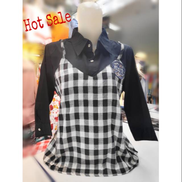Atasan blouse remaja wanita motif kotak kombinasi polos