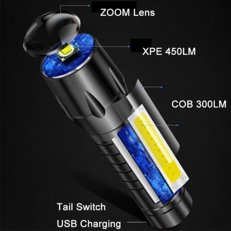 Senter SWAT Mini Zoom Super LED COB Emergency Flashlight Camping