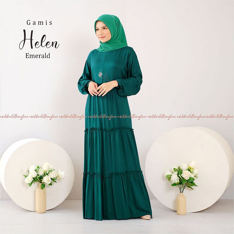 Gamis Rayon Dewasa Helen Polos Cantik Elegan Hijau Emerald Green Hijau Tua Hijau Botol