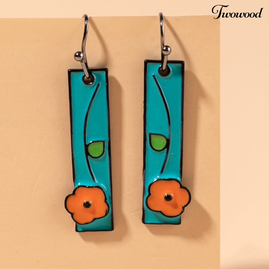 Twowood 1 Pair Women Earrings Painted Flower Jewelry All Match Rectangle Long Hook Earrings for Dating