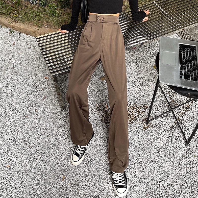 yikoo-Celana panjang dua kancing setelan high waist pants casual wanita