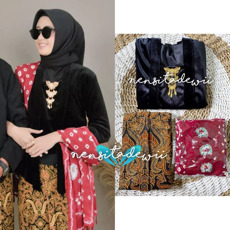 [1 SET] Kebaya, Jarik Instan + Selendang / Motif Pisang Bali #P04