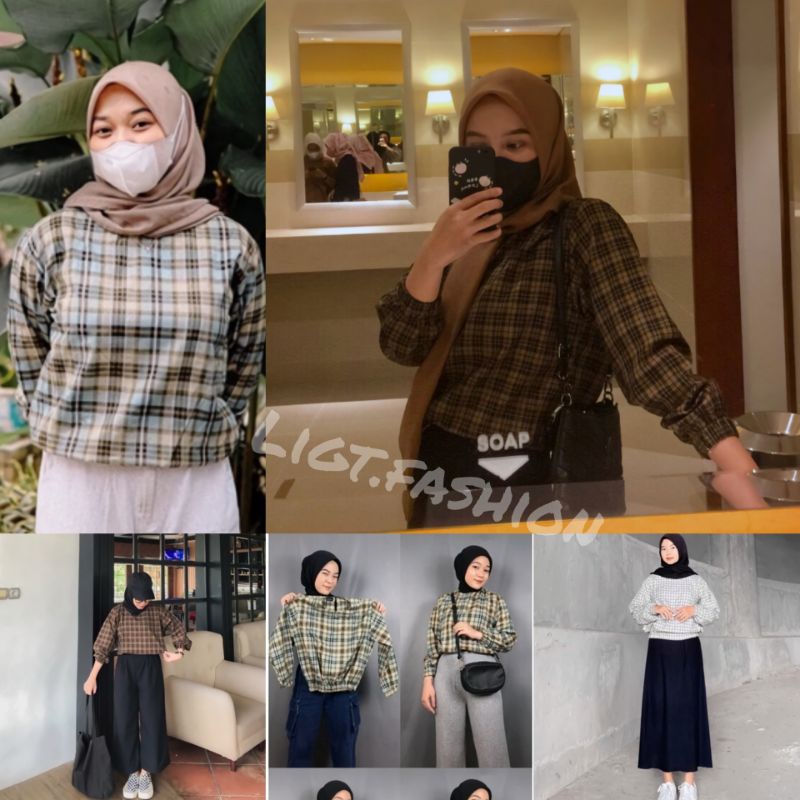 Kemeja Crop Top Flanel Premium Lengan Karet Tartan Blouse Balon