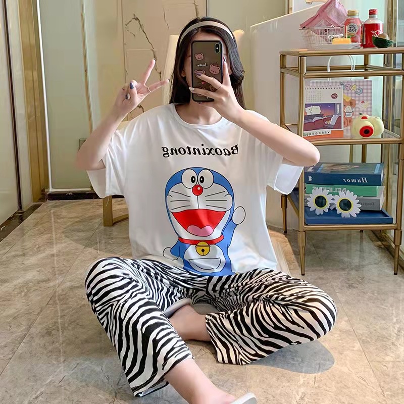 Piyama Oversize Bahan Kaos Lengan Pendek Baju Tidur Wanita pakaian tidur wanita kaos set baju tidur wanita piyama-Putih Emon Baoxin