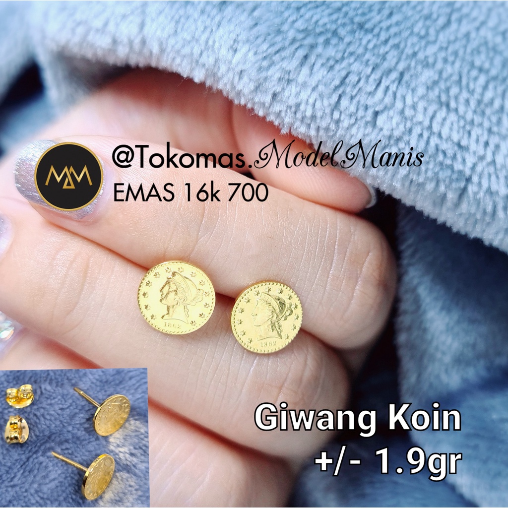 Anting tusuk Koin Elizabeth emas kuning 700 kadar 16k