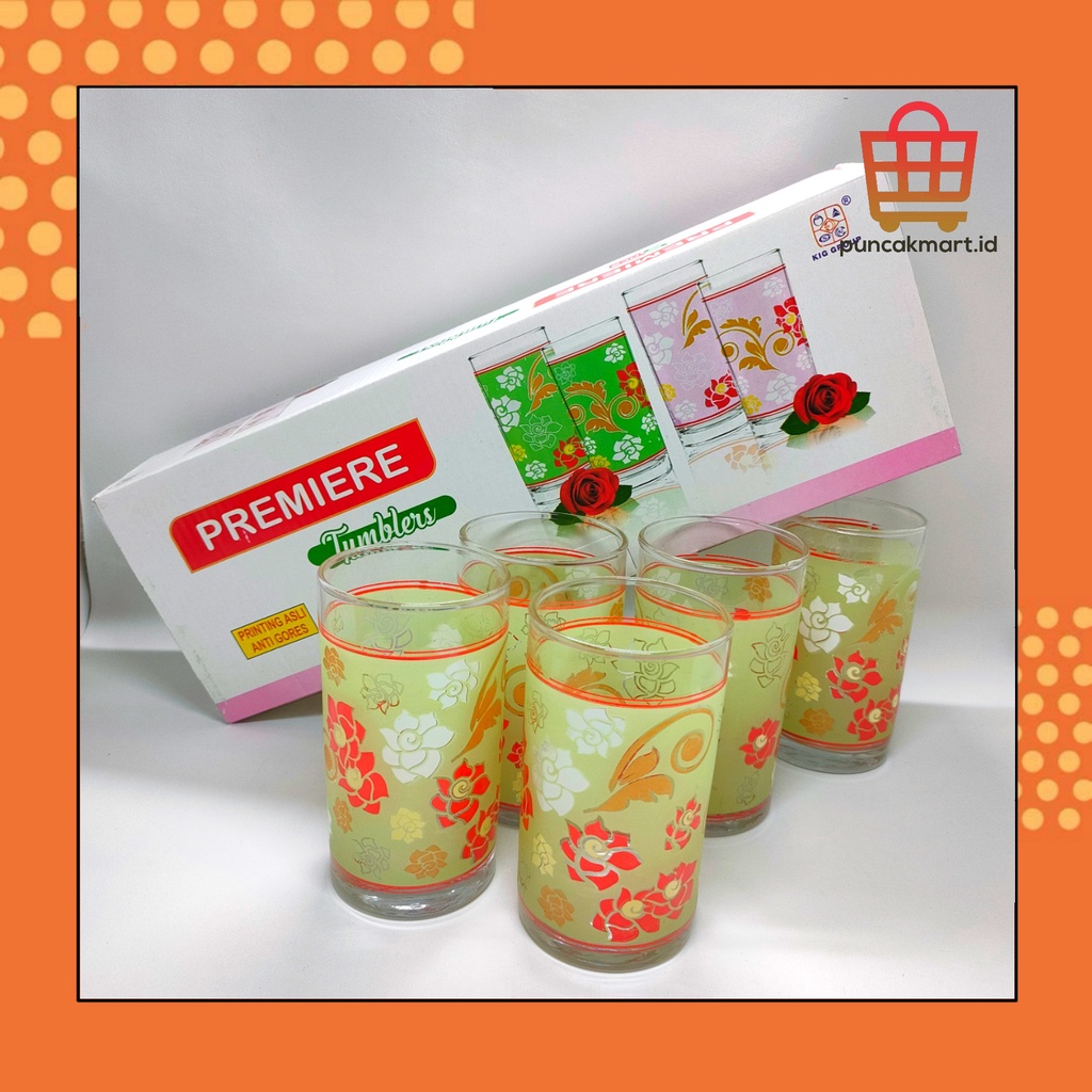 Gelas Kaca 5 Set Motif Bunga / Gelas Minum Kaca 5 Pcs / Gelas Minum Beling Motif Bunga - Premier Tum