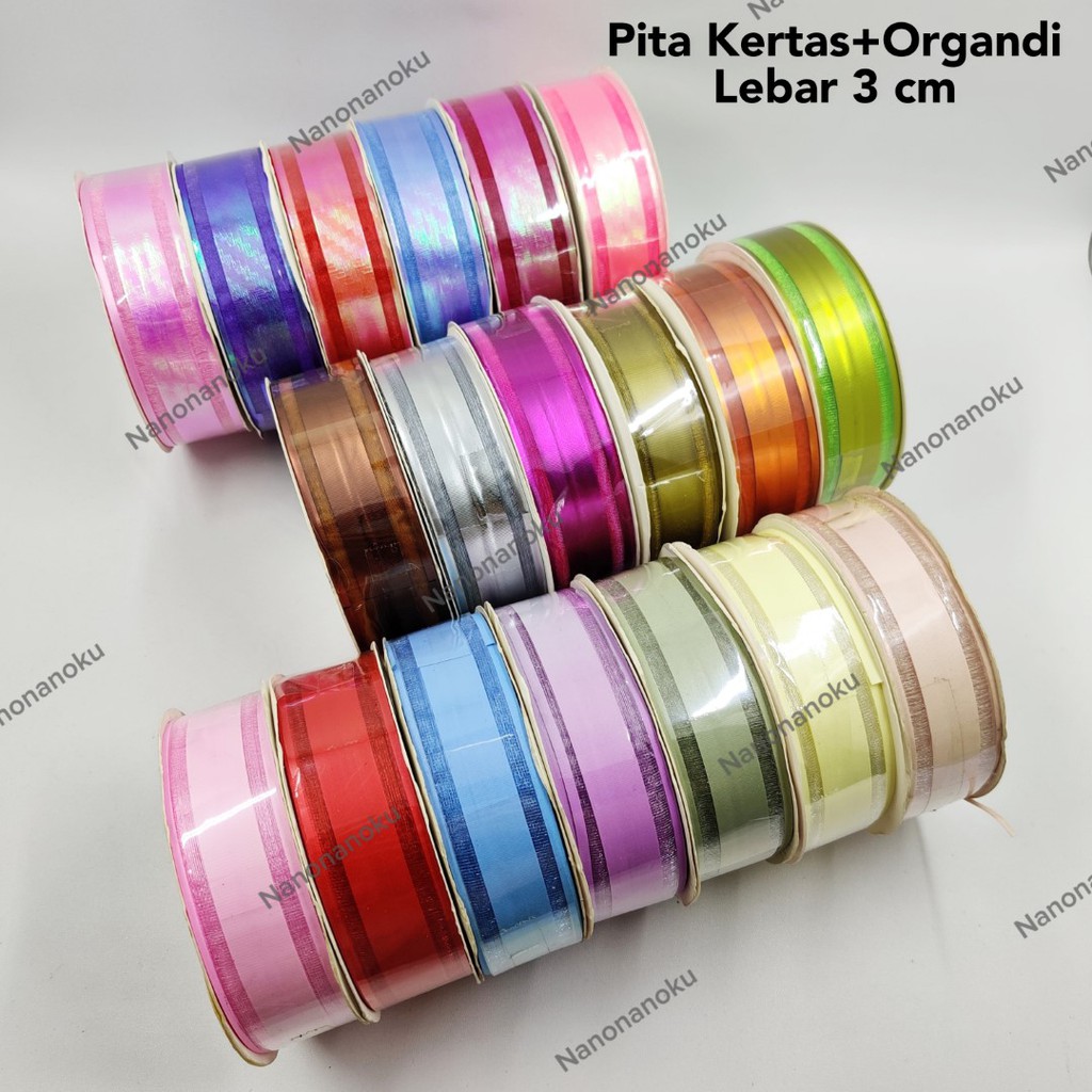 Pita Organdi + Kertas 3 cm Polos Hampers Souvenir Kado Parsel Dekor