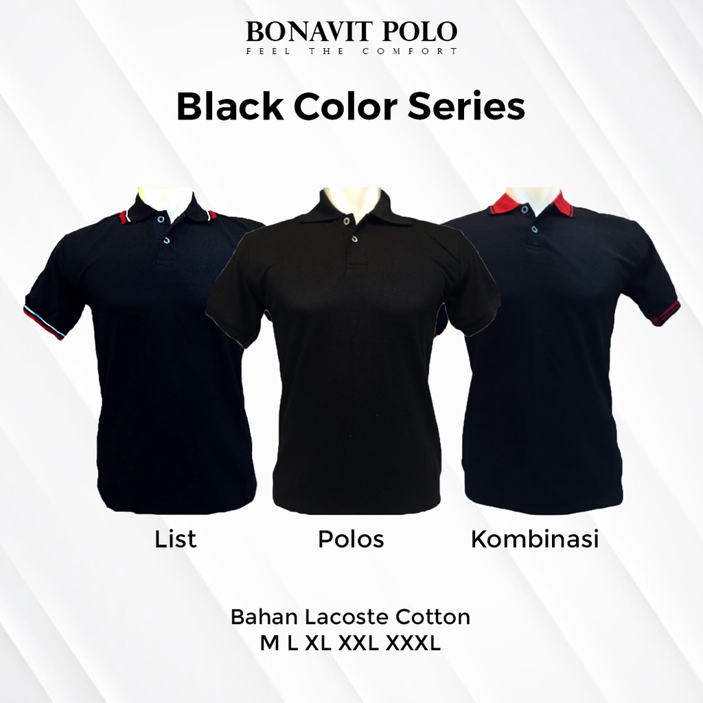 KAOS POLO DEWASA UNISEX WARNA HITAM 3 TYPE UKURAN SAMPAI JUMBO BAHAN LACOSTE BONAVIT POLO