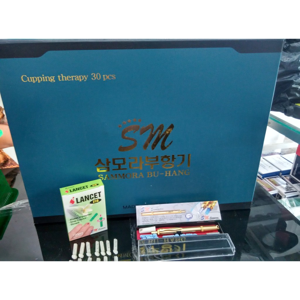 Paket Hemat Alat Bekam 30 Sammora Korea Biru + Lancing Gold SM 228 Hijau + Jarum 21G 100 Sammora