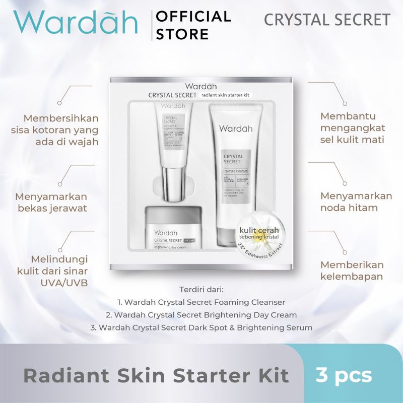 Wardah Crystal Secret Series | Brightening Day Cream | Active Night Gel | Dark Spot Brightening Serum | Exfoliating Toner | Melting Milky Cleanser | Pure Treatment Essence | Refreshing Day Gel