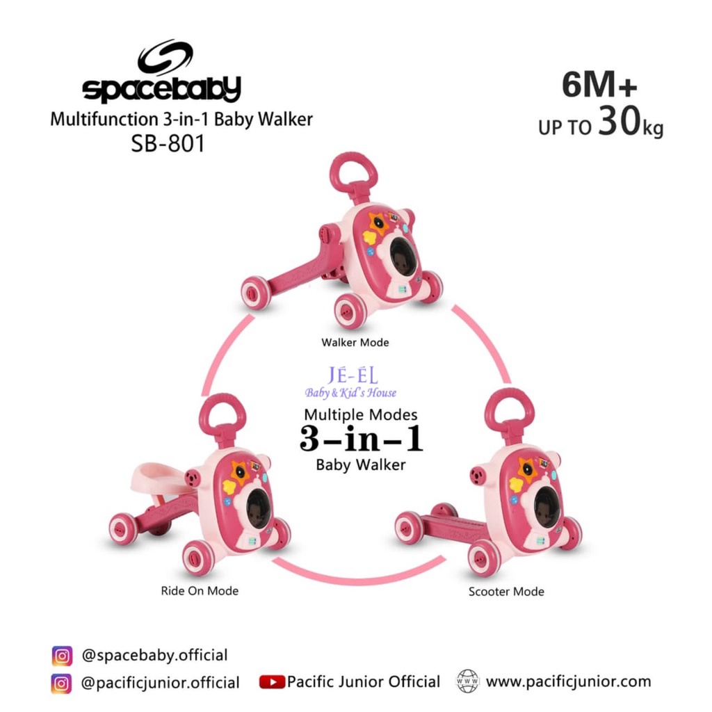 SpaceBaby Multifunction 3 in 1 Baby Walker Space Baby SB 801 Alat Belajar Jalan Dorongan Skuter