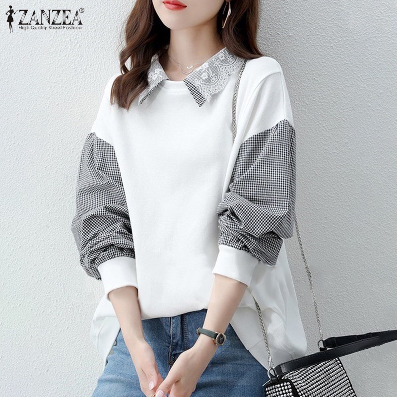 ZANZEA Women Puff Sleeved Plus Size Loose Sweatshirts Elegant Patchwork Blouse