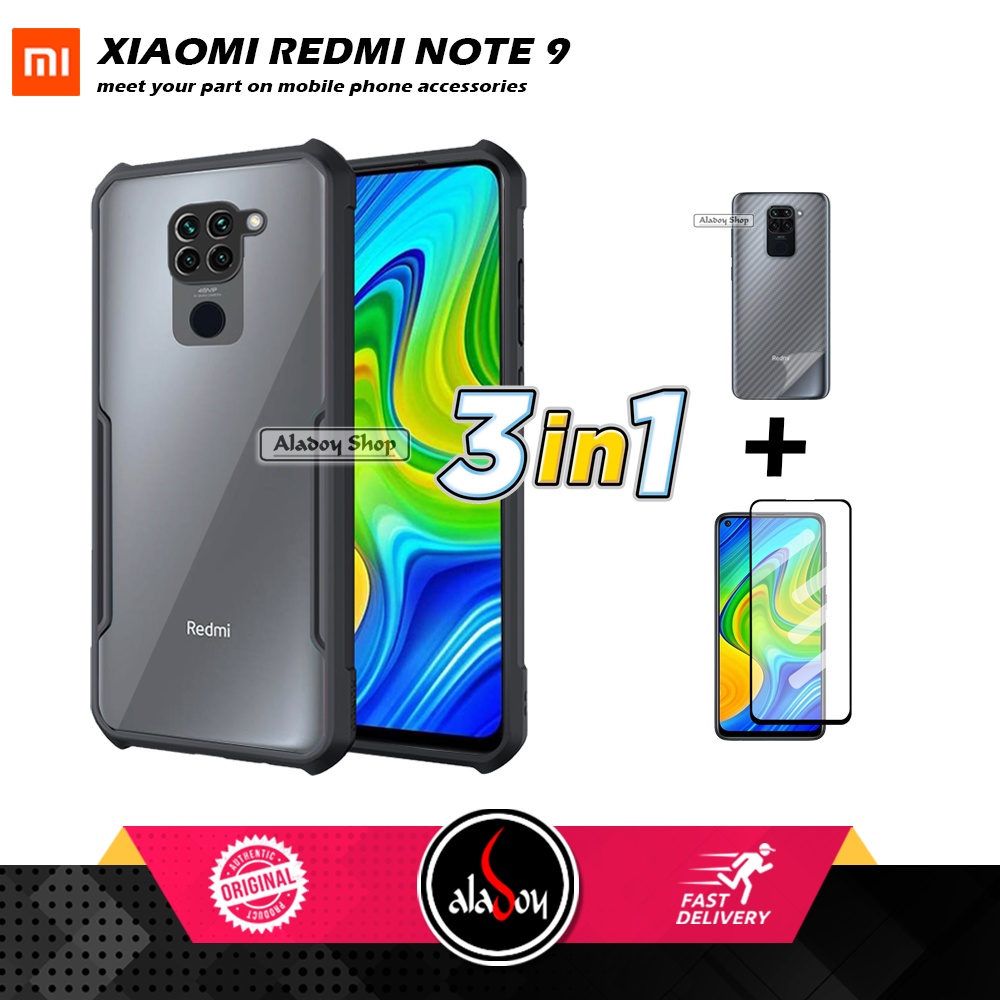 Case XIAOMI REDMI NOTE 9 Armor Fushion Transparent Casing + Tempered Glass Full Layar dan Skin Carbon