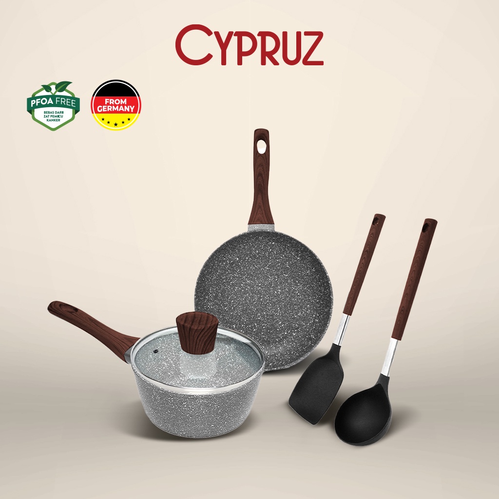 Cypruz Marble Set Panci + Penggorengan + Spatula / Cookware Set 5 Pcs
(PI-0901)