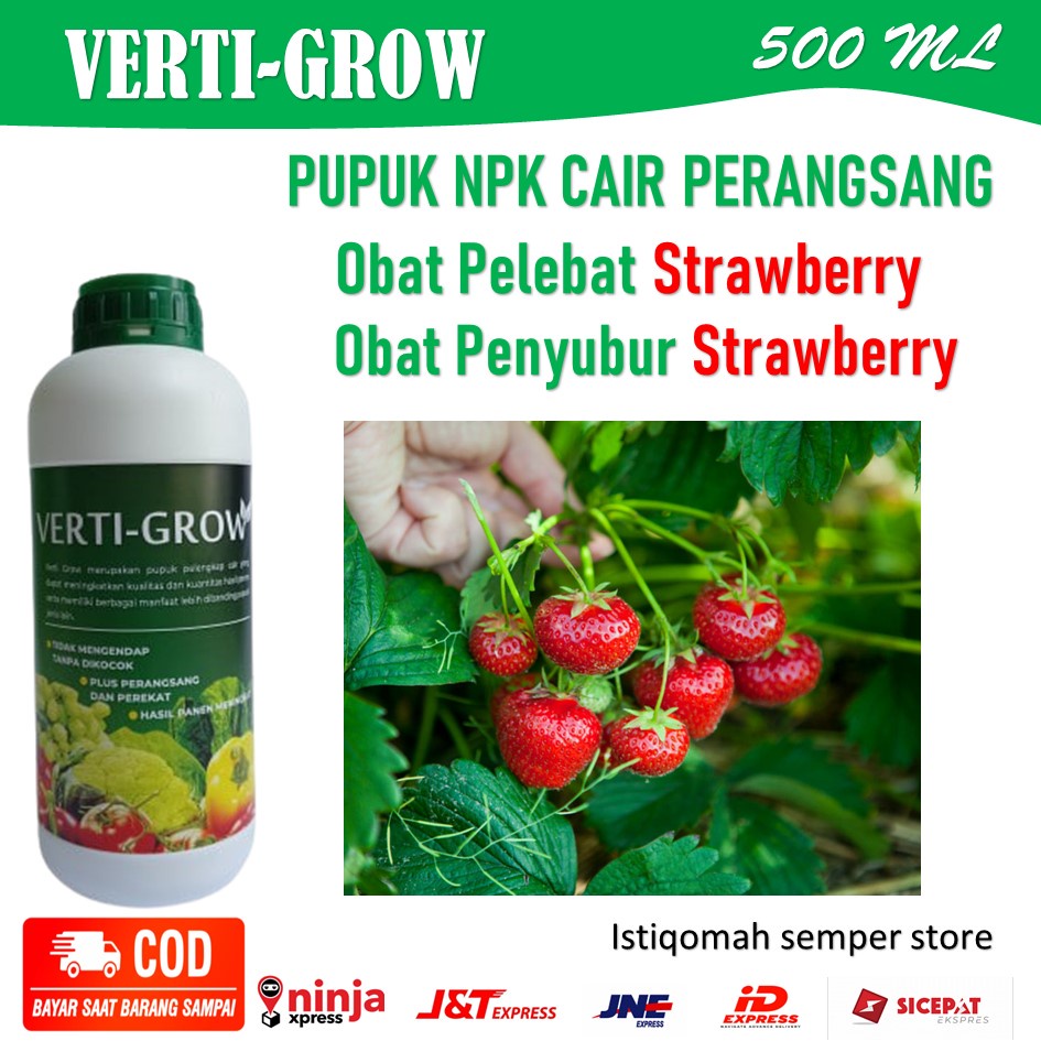 Verti Grow 500 ML Pelebat Strawberry - Obat Semprot Pelebat Strawberry - Pupuk Npk Cair Untuk Penyubur Buah Strawberry Paling Ampuh - Verti Grow Pupuk NPK Cair Merangsang Akar, batang Dan Daun Buah Strawberry - Obat Ampuh Melebatkan Tanaman Strawberry