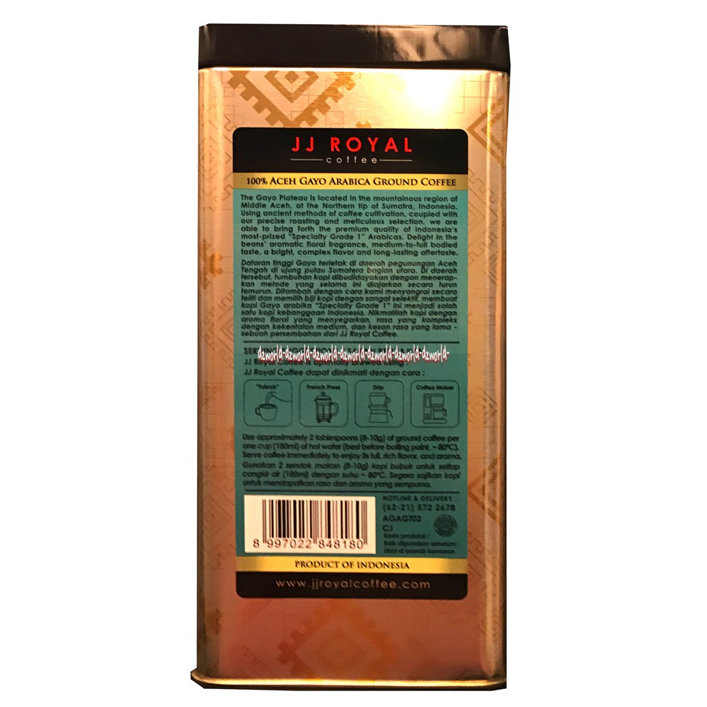 JJ Royal Aceh Gayo Arabica 200gr Ground Coffee Kopi Bubuk Murni Kemasan Kaleng Jjroyal Atjeh Sumatera