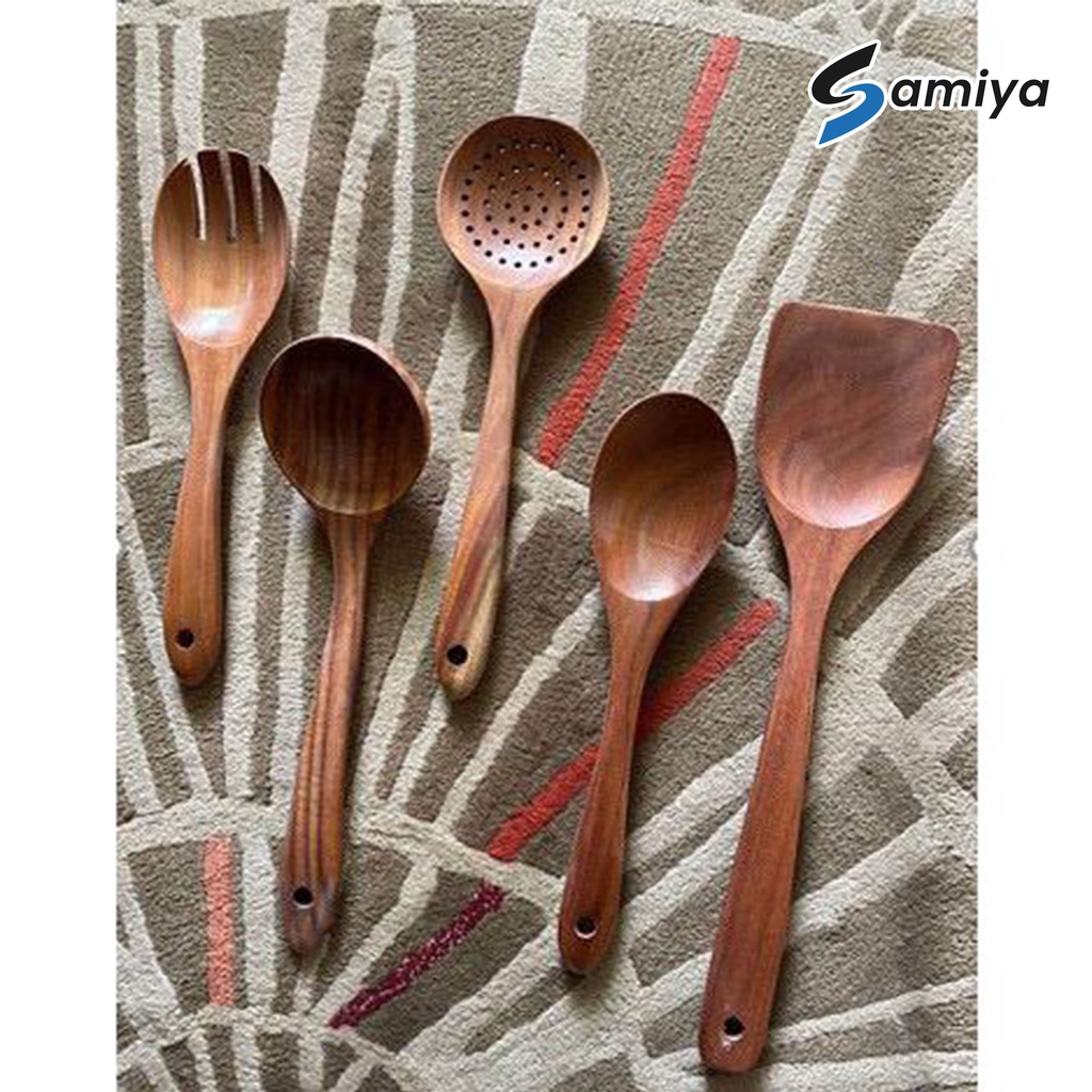 alat masak sutil spatula kayu set 5in1 / wooden kitchen tableware utensils / peralatan makan dapur-3