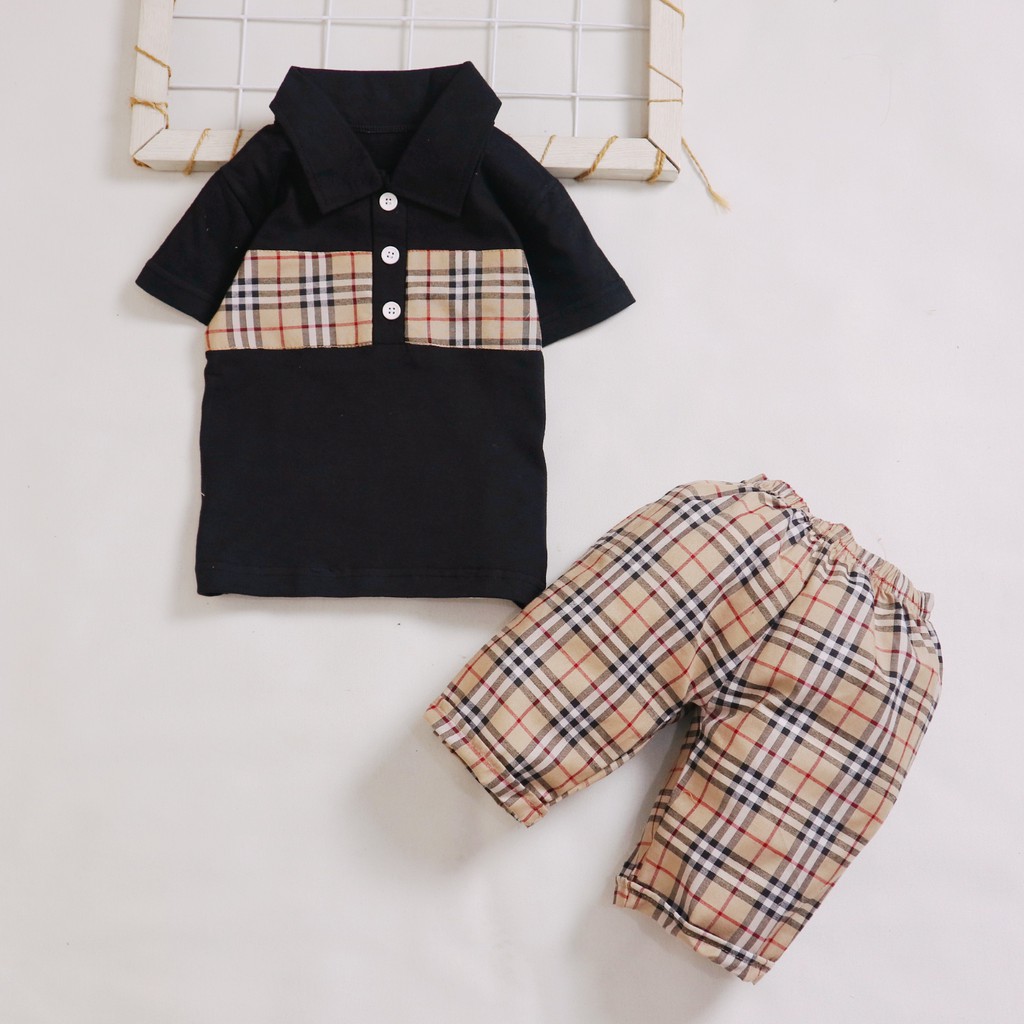 Nuna Store Setelan Kemeja bayi dan anak cowo/laki-laki usia 0 Bulan - 3 tahun Motif Kemeja Burberry