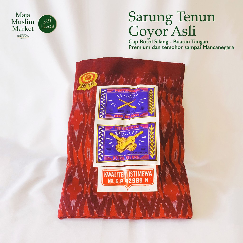 SARUNG TENUN GOYOR LEGENDARIS DIJAMIN ASLI - BOTOL SILANG MERAH - BUATAN TANGAN, MESIN KAYU