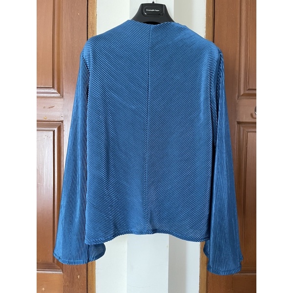 Blouse Atasan Wanita Lengan Panjang Plisket, Biru Tosca Tua (C071)