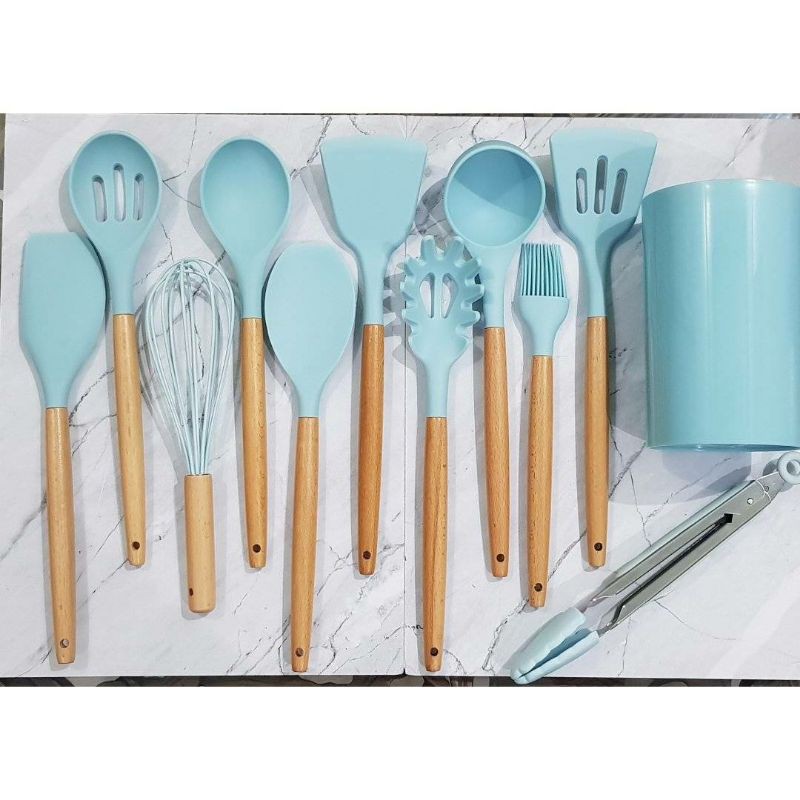 12pcs silicone cooking utensil spatula with wooden holder /alat masak silikon