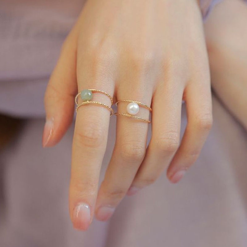 Cincin Ganda Manik-Manik Giok Hetian Alami Gaya Vintage Untuk Wanita