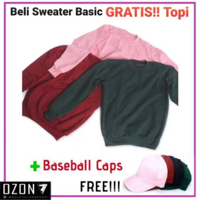 SweaterPolos Crewneck Basic Hitam Black Unisex Premium Quality GRATIS Topi Basebal Caps