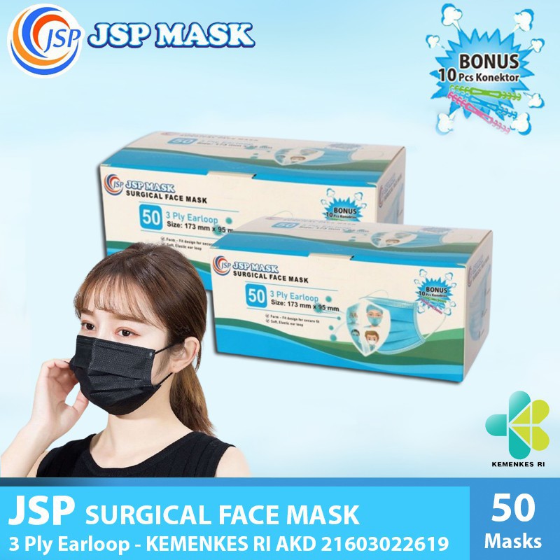 Masker Surgical Face Mask JSP Mask 3 Ply isi 25 pcs Free 2 Konektor  Model Convex Korea Evo