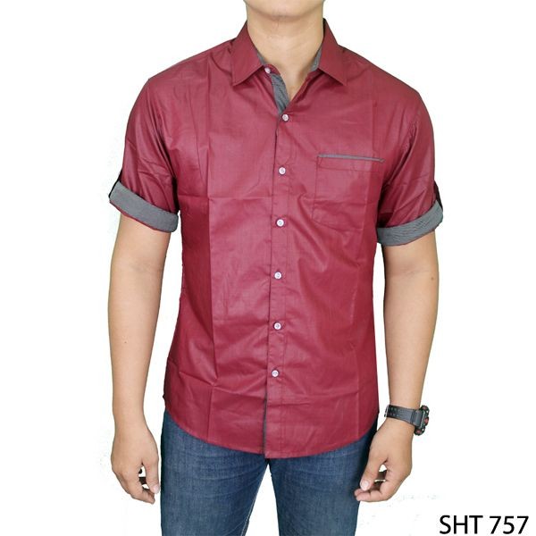 Mens Casual Short Sleeve Stylish Slim Fit Shirts Katun Merah – SHT 757