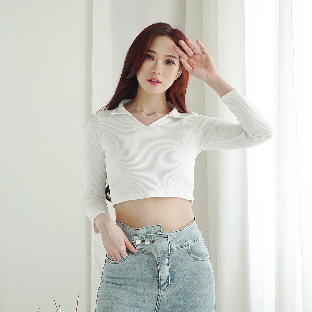 Korean Longsleeve Crop Top Baju Lengan Panjang V-Neck Croptop Lengan Panjang Wanita 133