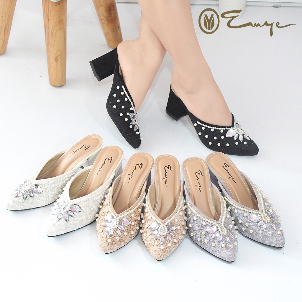 EMYE I Sepatu Pesta Pengantin Wanita Brukat Payet Wedding Shoes 7cm dan 5cm Glitter Original Mutiara