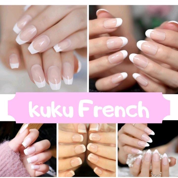 24pcs KUKU PALSU FRENCH MANICURE WHITE FAKE NAILS LIST PUTIH KUKU PALSU KOTAK OVAL ALMOND KUKU PALSU