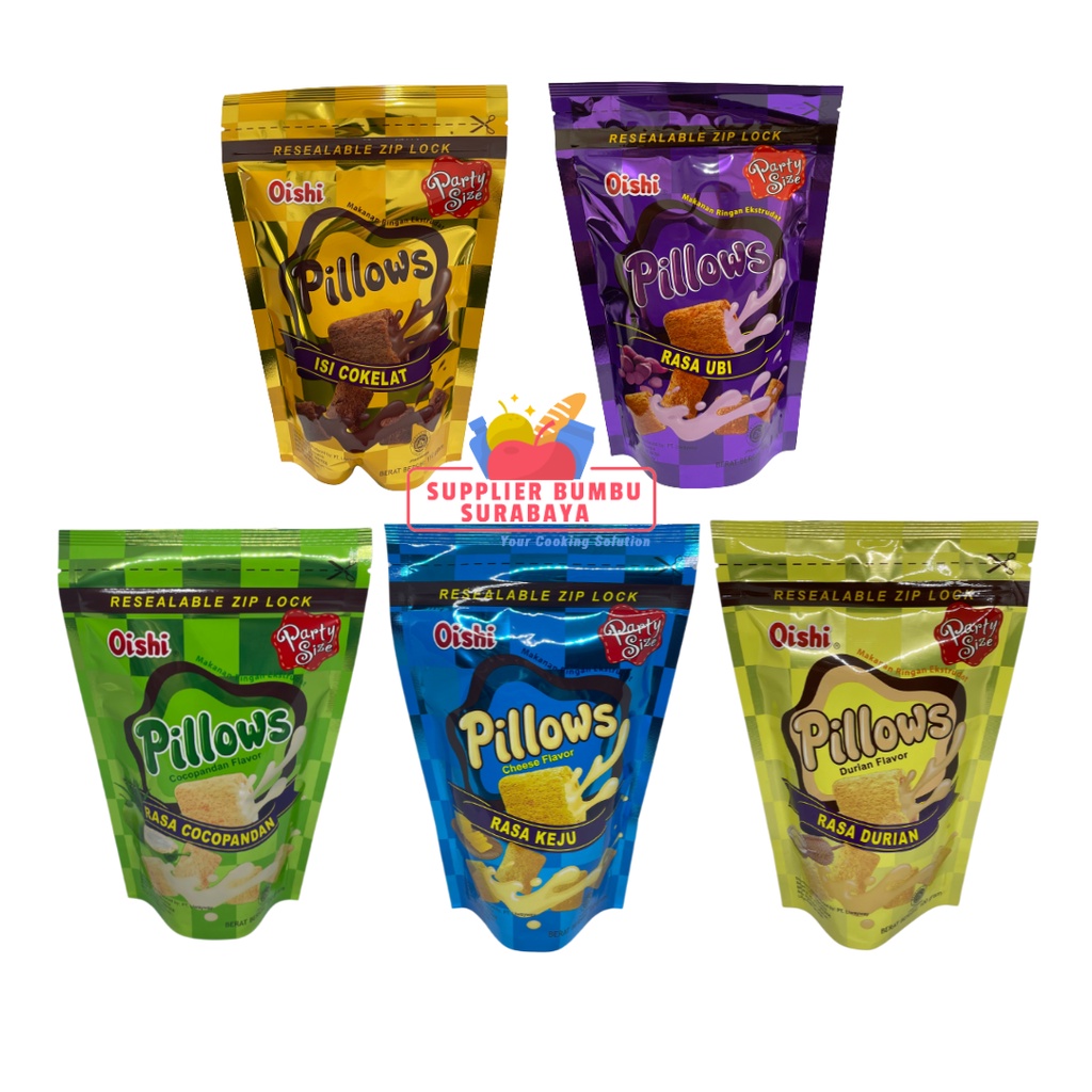 Snack Oishi Pillows Coklat Taro Ubi Coco Pandan Keju Durian 100g