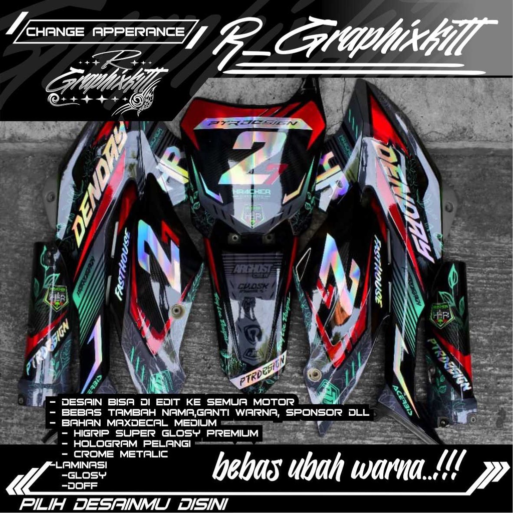 0520 sticker decal fullbody klx 150 bf kombinasi merah nyala + hologram pelangi bebas requs