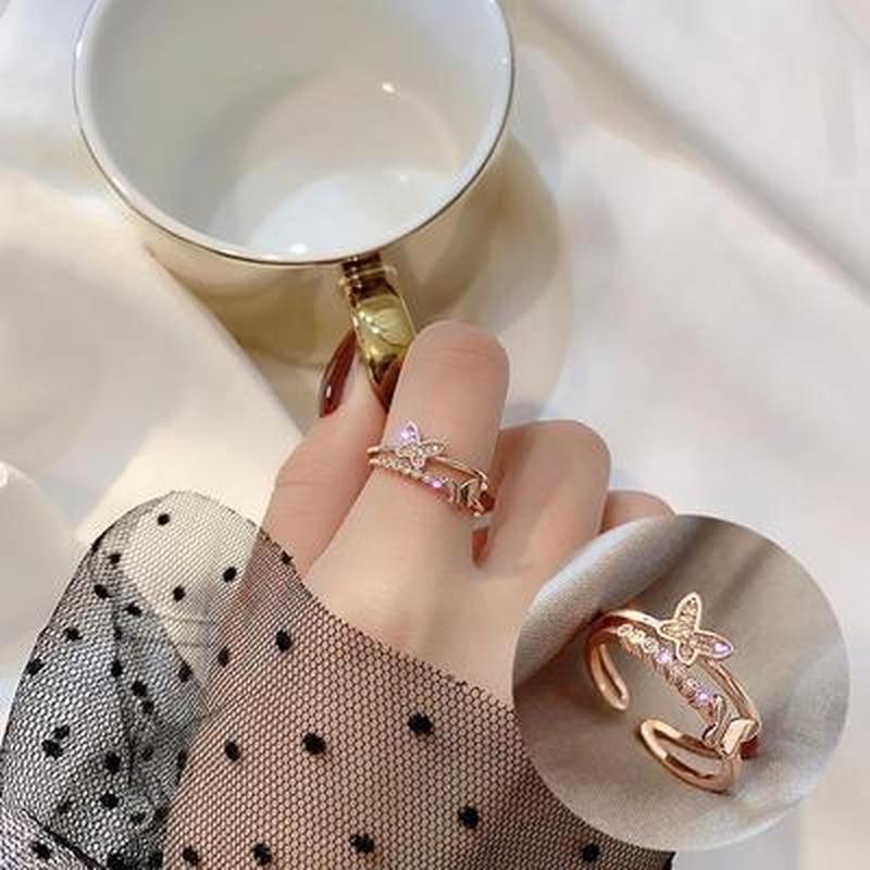 INS style silver color diamond inlay Double butterfly pattern alloy ring/ Fairy temperament Sweet opening design ring