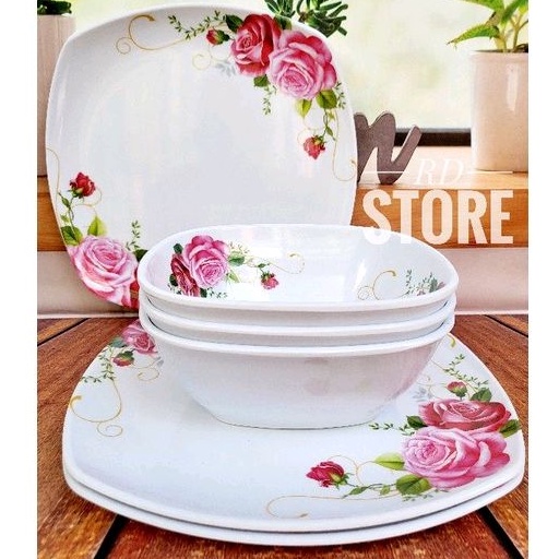 PROMO SET 6.PCS ISI 3.PIRING KOTAK SAJI 3.MANGKOK KOTAK MELAMINE MOTIF ROSE