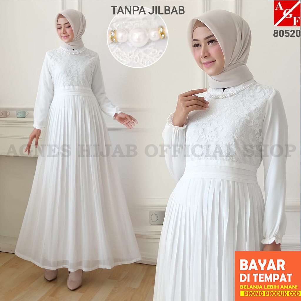 Agnes Hijab - Yasmin Dress Gamis Lebaran 2026 Idul Fitri Putih Premium Etnik Aesthetic Wanita Dewasa
