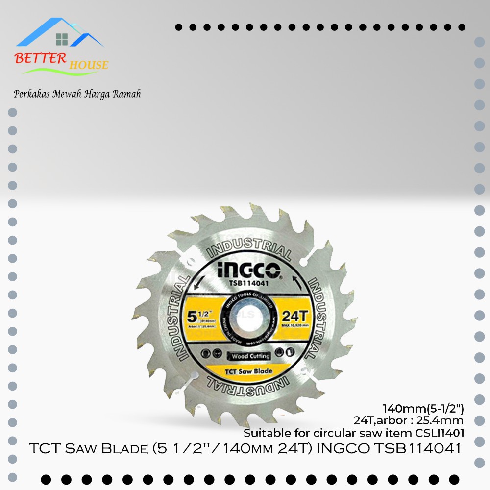 Mata Gergaji Kayu Circular Inch TCT Saw Blade (5 1/2"/140mm 24T) INGCO TSB114041
