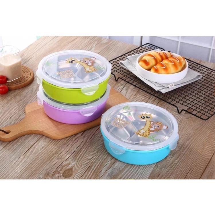 Lunch box bulat stainless sus 340/ kotak bekal makan bento 3 sekat