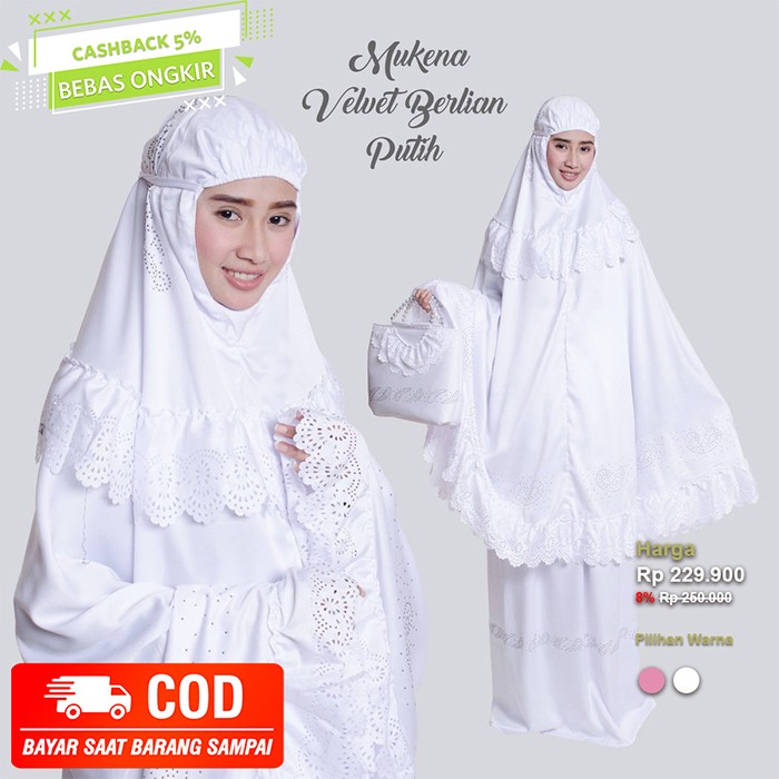 Mukena Dewasa Satin Velvet Berlian Motif Bunga Adem Bonus Tas Cantik - Putih
