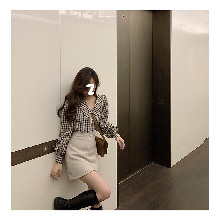 #Sisjuly# Wanita Retro Kemeja Kotak-kotak Wanita Lengan Panjang Lentera Lengan Kemeja Desain Rasa Po