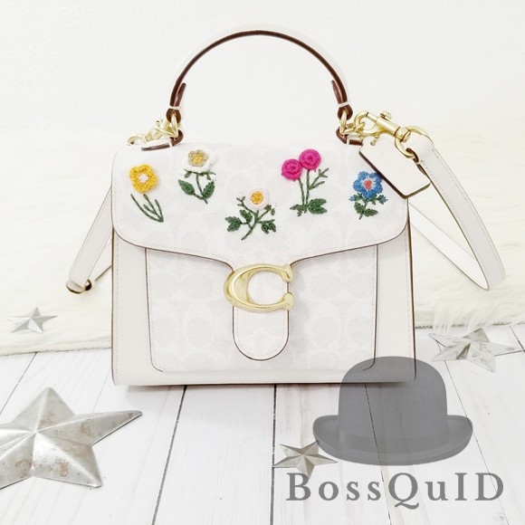 Coach Tabby Top Handle 20 In Signature Canvas With Floral Embroidery Chalk