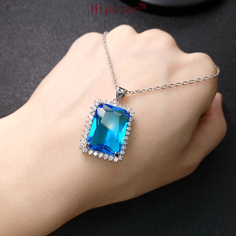 Best-Selling Light Luxury Square Large Natural Sea Blue Crystal Pendant Necklace