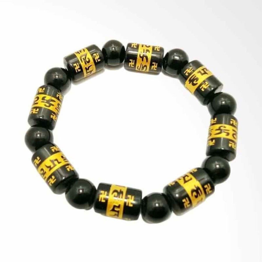 [Bayar di Tempat] Gelang Pria Batu Giok Hitam Ukir Mantra Buddha Gelang Hitam Putih