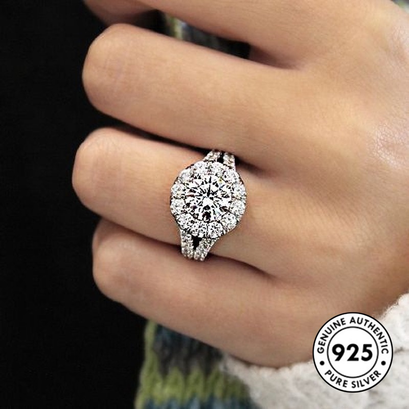 Cincin Sterling Silver 925 Bentuk Bulat Hias Berlian Imitasi Gaya Eleganmewah Untuk Wanita