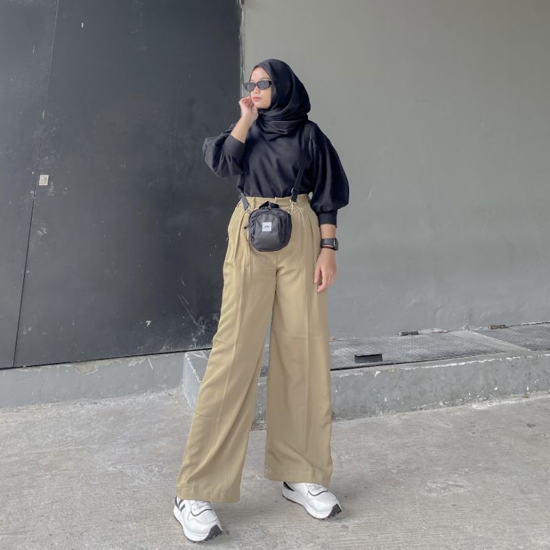 4empat - Loose Pants Hightwaist/ Celana Kulot Wanita/ Celana Wanita Kekinian/ Celana Korean Style