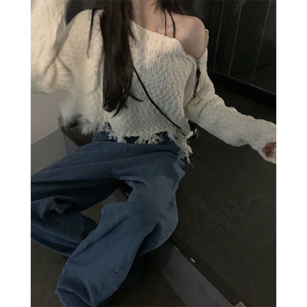 Niche Desain Ritsleting Bahu Miring Rajutan Sweater Wanita 2022 Musim Semi Baru Longgar All-Match Le