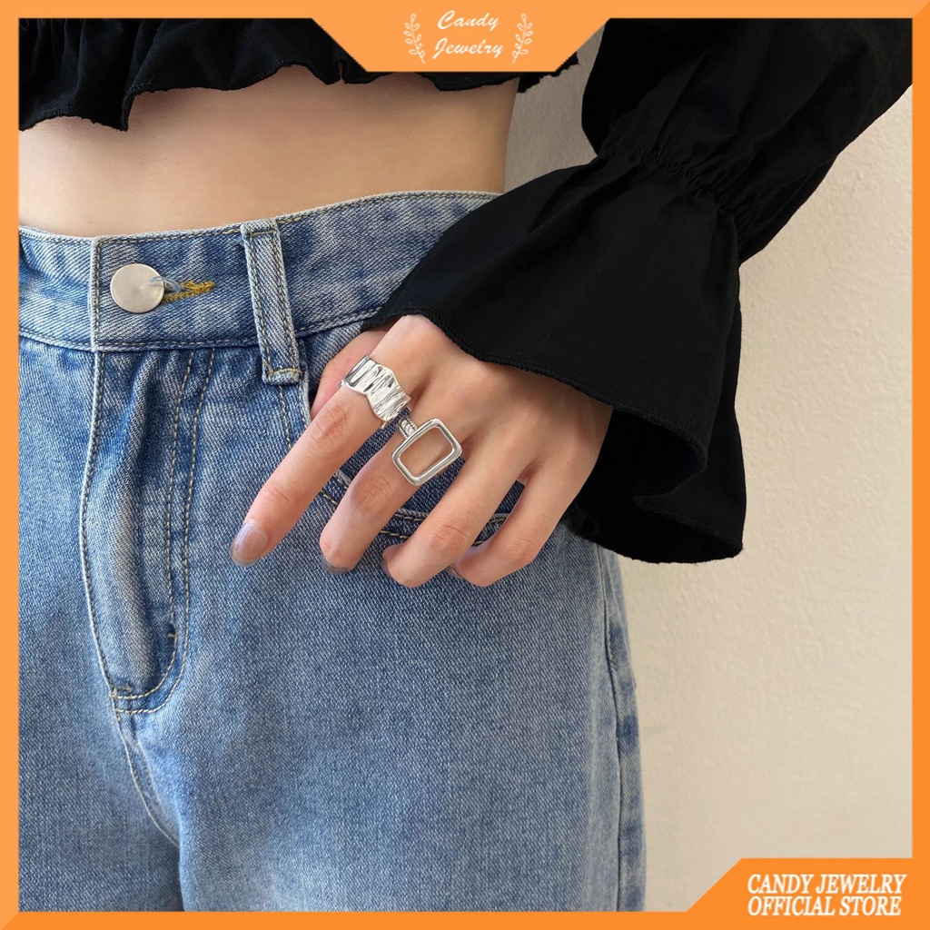 Cincin S925 Silver Model Terbuka Bentuk Kotak Geometris Rongga Tidak Teratur Gaya Retro Hip Hop Punk Untuk Wanita